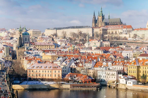 Panoramablick Auf Die Prager Burg Und Die Moldau Winter Schnee — Stockfoto