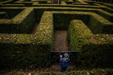 Çalı kozalaklı bitkilerden yapılmış bahçe labirentinin yeşil porsuk çitleri, yukarıdan hafifçe görülüyor. Loucen Romantik Barok Şatosu, Bir parkta Yew Labirenti, Çek Cumhuriyeti, 17 Kasım 2020