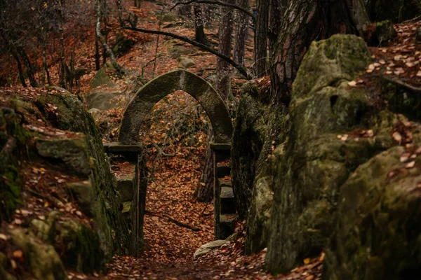 Kamienny Łuk Baśniowy Portal Jesiennymi Liśćmi Zamek Vranov Gotyckie Ruiny — Zdjęcie stockowe