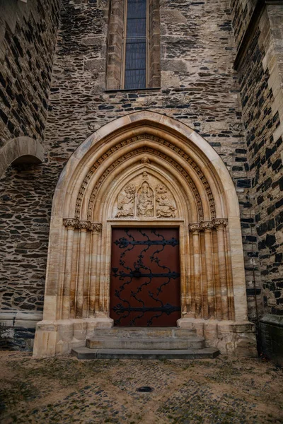 Portal Gótico Pedra Medieval Igreja São Bartolomeu Elemento Arquitetônico Fachada — Fotografia de Stock