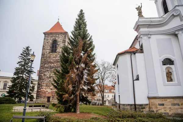 Gotycka Średniowieczna Kamienna Dzwonnica Barokowy Kościół Gotharda Zabytkowym Centrum Czeskiego — Zdjęcie stockowe