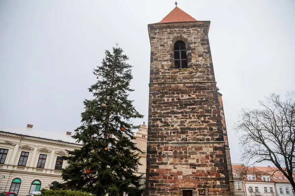 捷克共和国波希米亚中部 Cesky Brod古老历史中心的Baroque Saint Gothard教堂附近的哥特式中世纪石钟塔 圣诞树和圣诞装饰品 2020年11月28日 — 图库照片