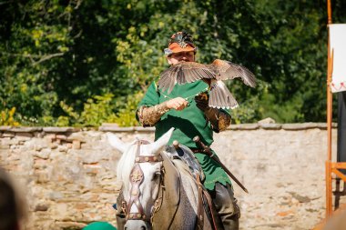 Pernstejn Malikanesi, ortaçağ panayırı, şahin gösterisi, yırtıcı kuş, tarihi kostüm giyen adam, yeniden yapılanma, Çek Cumhuriyeti, Pernstejn Şatosu 'nda ortaçağ eğlencesi, 07 Temmuz 2018