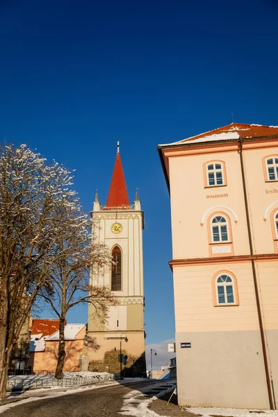 Barocker Glockenturm Namens Blatenska Vez Winter Enge Malerische Straße Renaissance — Stockfoto