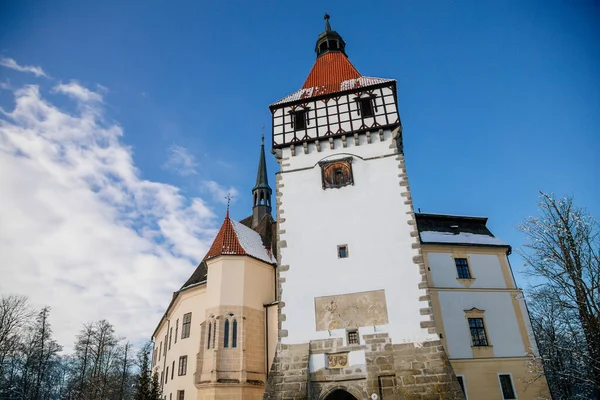 Castelo Água Renascentista Medieval Com Torre Meia Madeira Com Neve — Fotografia de Stock