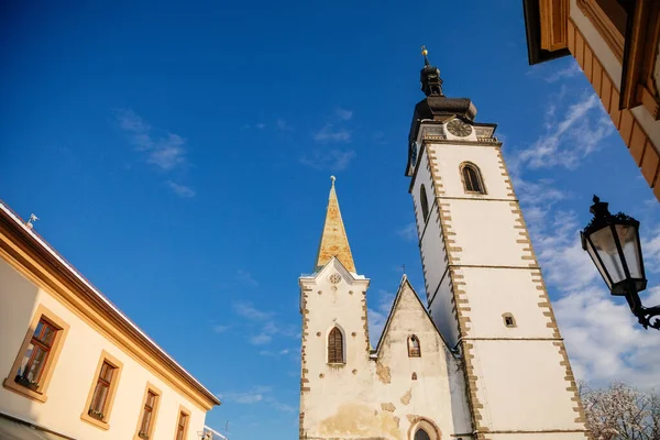 Trójnawowa Gotycka Bazylika Kościół Narodzenia Nmp Architektura Średniowiecznego Miasta Wieża — Zdjęcie stockowe