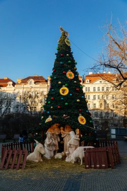 Noel ağacı sahnesi ve Barış Meydanı 'ndaki Noel ağacı veya güneşli bir günde namesti Miru, Vinohrady Quarte, Prag, Çek Cumhuriyeti, 31 Aralık 2020