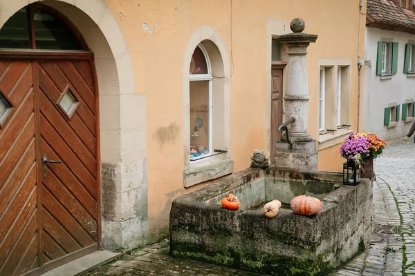 Kamenná Fontána Středověká Úzká Ulička Barevné Gotické Renesanční Historické Stavby — Stock fotografie