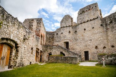 Ulusal Park Sumava 'daki eski ortaçağ şatosu Rabi' nin taş gotik kalıntıları güneşli bahar gününde eski bir kale, kırsal alanda bir dönüm noktası, Çek Cumhuriyeti, Rabi 'nin kalesi, 29 Mayıs 2021