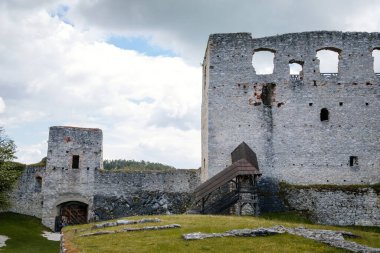 Ulusal Park Sumava 'daki eski ortaçağ şatosu Rabi' nin taş gotik kalıntıları güneşli bahar gününde eski bir kale, kırsal alanda bir dönüm noktası, Çek Cumhuriyeti, Rabi 'nin kalesi, 29 Mayıs 2021