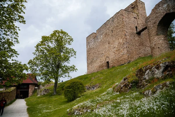 哥特式中世纪城堡天窗在阳光灿烂的日子里 塔和石拱桥 城堡石墙 国家公园苏玛瓦 南波西米亚 捷克共和国 2021年5月29日 — 图库照片