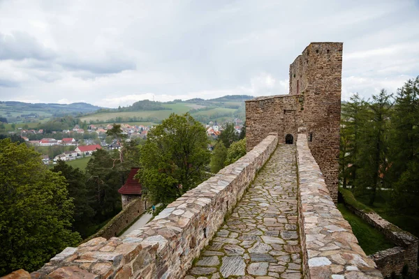 Gothic Medieval Castle Velhartice Sunny Day Tower Stone Arch Bridge — Stock Photo, Image