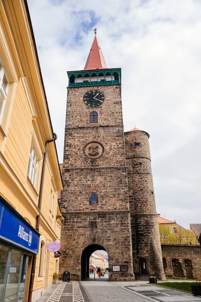 Medieval Gothic Tower Gallery Clock Valdice Gate Valdicka Brana Historical — Stock Photo, Image