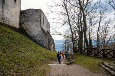 Ortaçağ Gotik Şatosu Bezdez yolu, tepedeki gri taş harabe, güneşli gün, antik kale duvarları, peri masalı kalesi, yüksek yuvarlak kule, Alcove Şapeli, Kuzey Bohemya, Çek Cumhuriyeti, 08 Mayıs 2021