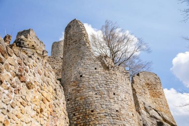 Ortaçağ Gotik şatosu Frydstejn güneşli bir günde, popüler kalenin romantik kalıntıları, Mala Skala yakınlarındaki devasa yuvarlak kulesi, antik kale, Bohemya Cenneti, Çek Cumhuriyeti, 08 Mayıs 2021