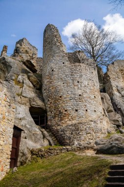 Ortaçağ Gotik şatosu Frydstejn güneşli bir günde, popüler kalenin romantik kalıntıları, Mala Skala yakınlarındaki devasa yuvarlak kulesi, antik kale, Bohemya Cenneti, Çek Cumhuriyeti, 08 Mayıs 2021