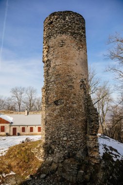Ortaçağ Gotik Şatosu Kostomlaty veya Sukoslav, güneşli kış gününde tepede gri taş harabe, kar altında antik kale, peri masalı kalesi, yuvarlak muhafız kulesi, Çek Cumhuriyeti, 20 Şubat 2021