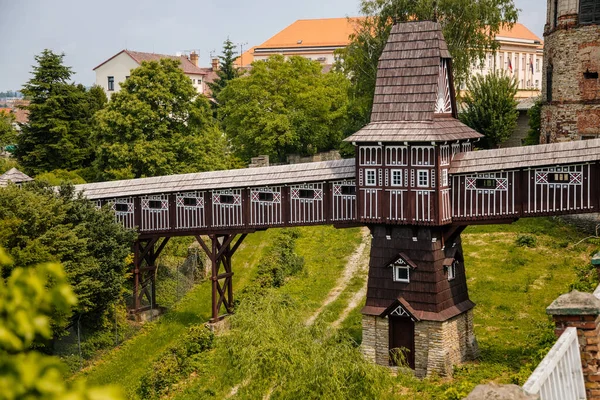 Wonderful Covered Wooden Bridge Dusan Jurkovic Italian Garden Baroque Park — Stock Photo, Image