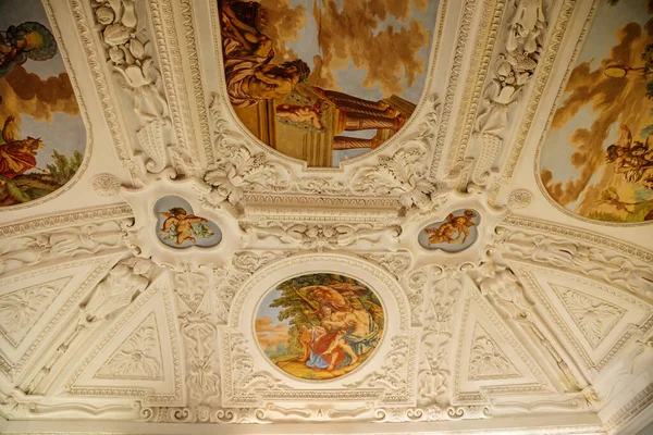 Interno Del Castello Soffitto Stucco Barocco Affreschi Luminosi Immagini Divinità — Foto Stock