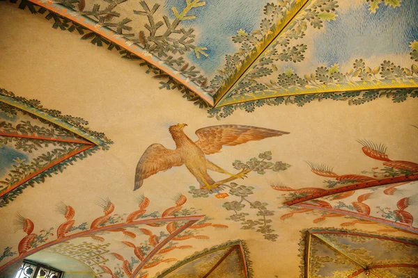 Castle Interior Ceiling Baroque Stucco Bright Frescoes Image Bird Branch — Stock Photo, Image