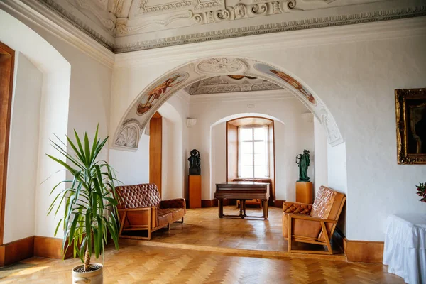 Intérieur Château Arc Plafond Canapés Cuir Pour Invités Piano Queue — Photo