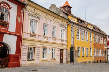 Trckovo meydanının kaldırım taşı caddesi, renkli evler, güneşli yaz gününde bir çeşme, ağaç ve yeşil çimenlik tarihi merkez, ortaçağ şehri Opocno, Çek Cumhuriyeti, 12 Haziran 2021