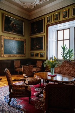 Kale içi, sanat galerisi, barok döşeli mobilyalar kırmızı döşeme, kanepe ve koltuklar, duvarlarda yaldızlı çerçeveler, Rönesans şatosu Opocno, Çek Cumhuriyeti, 12 Haziran 2021