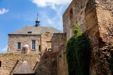 Merkez Bohemya 'daki Zebrak kasabası, Çek Cumhuriyeti, 24 Temmuz 2021: Ortaçağ kraliyet gotik kalesi Tocnik, güneşli yaz gününde tepede gri taş yıkıntısı, antik kale, peri masalı kalesi, koruma duvarları.