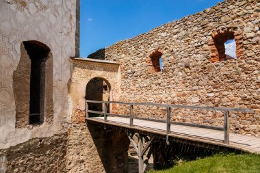 Merkez Bohemya 'daki Zebrak kasabası, Çek Cumhuriyeti, 24 Temmuz 2021: Ortaçağ kraliyet gotik kalesi Tocnik, güneşli yaz gününde tepede gri taş yıkıntısı, antik kale, peri masalı kalesi, koruma duvarları.