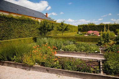 Kuks, Doğu Bohemya, Çek Cumhuriyeti, 10 Temmuz 2021: otlak bahçesi ve heykelleri olan barok şato, güneşli yaz günü şatosu olan güzel kompleks, çiçekler, sebzeler ve meyveler