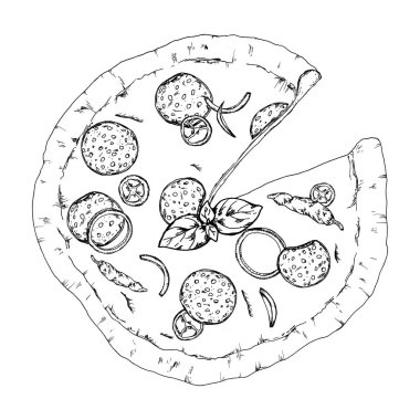 Salam dilimleri, biber parçaları, fesleğen yaprakları ve soğan halkalarıyla kaplı bir pizzanın vektör çizimi. Ayrıntılı çizgiler menüleri, İtalyan mutfak temaları, tarif tasarımları ve gıda paketleme tasarımlarını kapsıyor