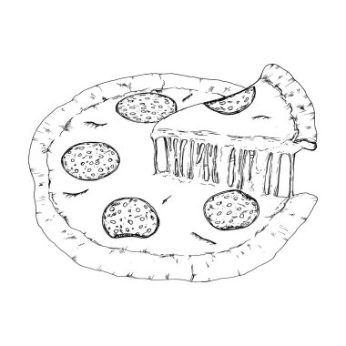 Salam dilimleriyle kaplı bir pizzanın vektör çizimi, bir parçanın uzun erimiş peynir tellerini göstermek için kaldırılması. Menü simgeleri, aşçılık markaları, yemek tarifleri ve İtalyan mutfak temaları için uygundur.