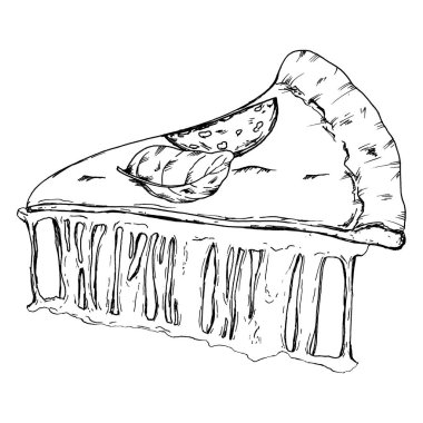 Bir dilim salam ve taze fesleğenle kaplanmış erimiş peynirli pizza diliminin vektör çizimi. Menü grafikleri, İtalyan yemek temaları, tarif düzeni ve mutfak ambalajı için elverişli.