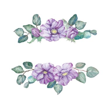 Suluboya el, beyaz arka planda yeşil yapraklı mor şakayıklar çizdi. Tebrik kartları, düğün davetiyeleri, menü, etiketler, tekstil ve diğerleri için harika.