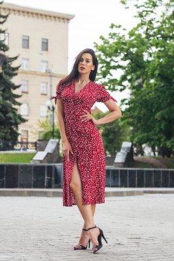 Şehir caddesinde poz veren zarif bir esmer kız. Şehrin arka planında şık giyinmiş güzel bir iş kadını..