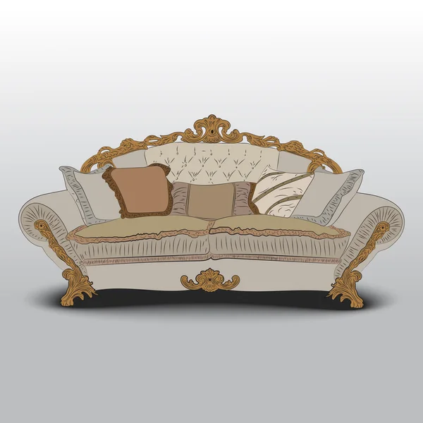 Klassisches Sofa mit geschnitzten Holzelementen, weichen Kissen — Stockvektor