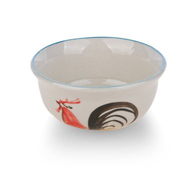 Beyaz arka planda izole edilmiş seramik kasedeki tavuk desenli görüntü. Kameradan görüntü