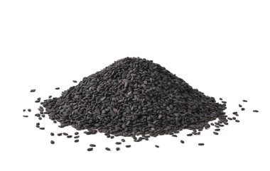 Siyah susam tohumu yığını, organik susam tohumu yığını kameradan izole edilmiş beyaz arkaplan görüntüsü