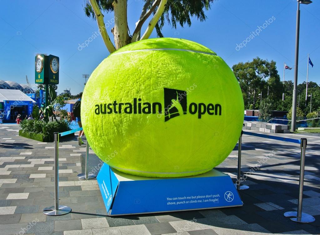 MELBOURNE, AUSTRALIA - JANUARY 21: A huge tennis ball decorated at Melbourne Park during day 3 of the Australian Open on January 21, 2015 in Melbourne, Australia.