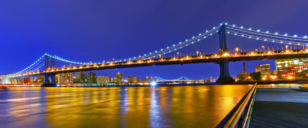 Panorama of Manhattan Bridge in New York City at night