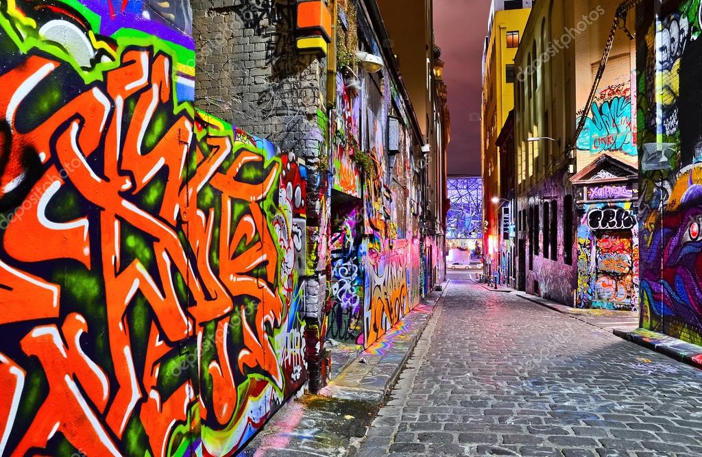 Night view of colorful graffiti artwork in Melbourne Stock Editorial
