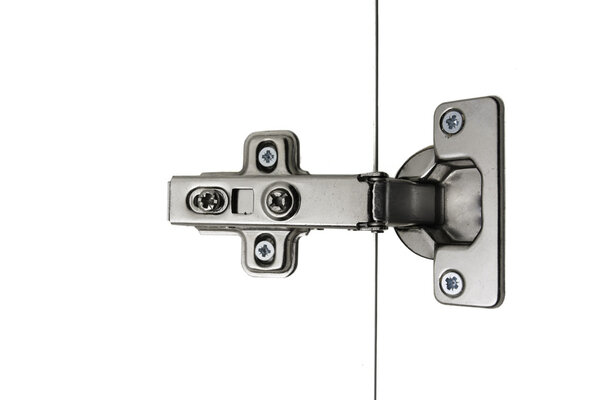 Hinge Kitchen assembled on white doors, steel, isolation, simple