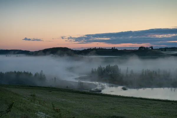 Brouillard sur la rivière marécageuse avant le lever du soleil — Photo