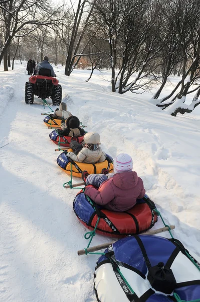 Дети на санях в городском парке — стоковое фото