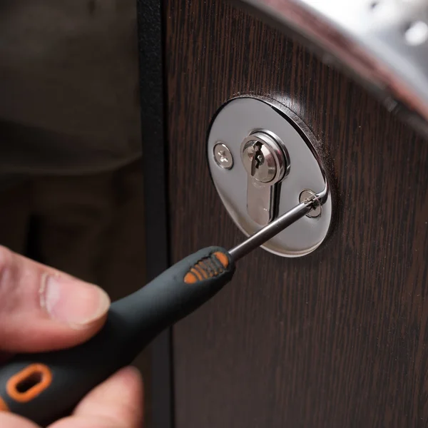 Lock doors and metal screwdriver close-up