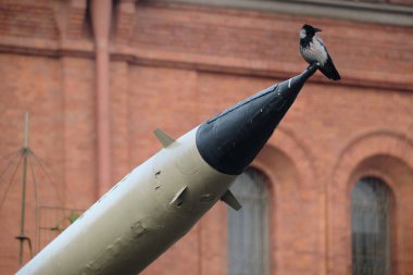Askeri bir füzenin ucunda oturan bir karganın konsept fotoğrafı. Endişenin, savaşın, barışın sembolü. Dünyanın kaderiyle ilgili endişeli duygular. Bir tuğla binanın arka planına karşı. Keskin kuş silueti