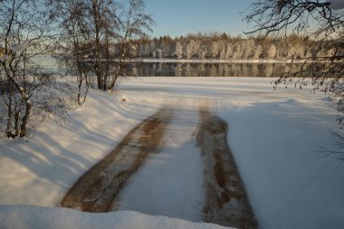 Kış manzarası: Burnaya nehri Ladoga Gölü 'ne akar, ağaçlar kırağı kaplar, panoramik manzara.