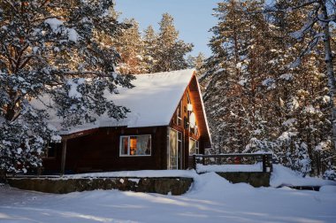 Çam ormanlarının arasında yapayalnız ahşap bir ev, etrafta büyük kar yığınları, açık güneşli bir gün, ağaçların dallarında kar..