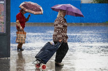 St. Petersburg, Rusya - 24 Temmuz 2017: Şiddetli bir yağmur sırasında sokakta şemsiye altında yayalar. Islak asfalt, insanların acelesi var.