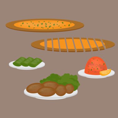 Ortak ana ve yan yemekler, pide, dolma, kisir ve kofte. Türk pizzası, mercimek salatası, pirzama ve üzüm yaprağı dolması. Türk mutfağının geleneksel yemekleri. 